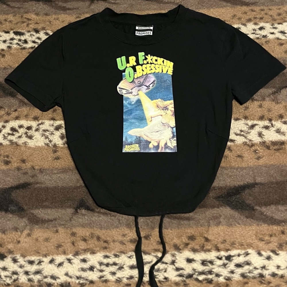 Broken Promises UFO Black Cropped Open Back Shirt (Small)